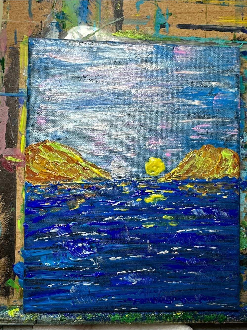 Blue and Gold Coastal Sunset Canvas Painting